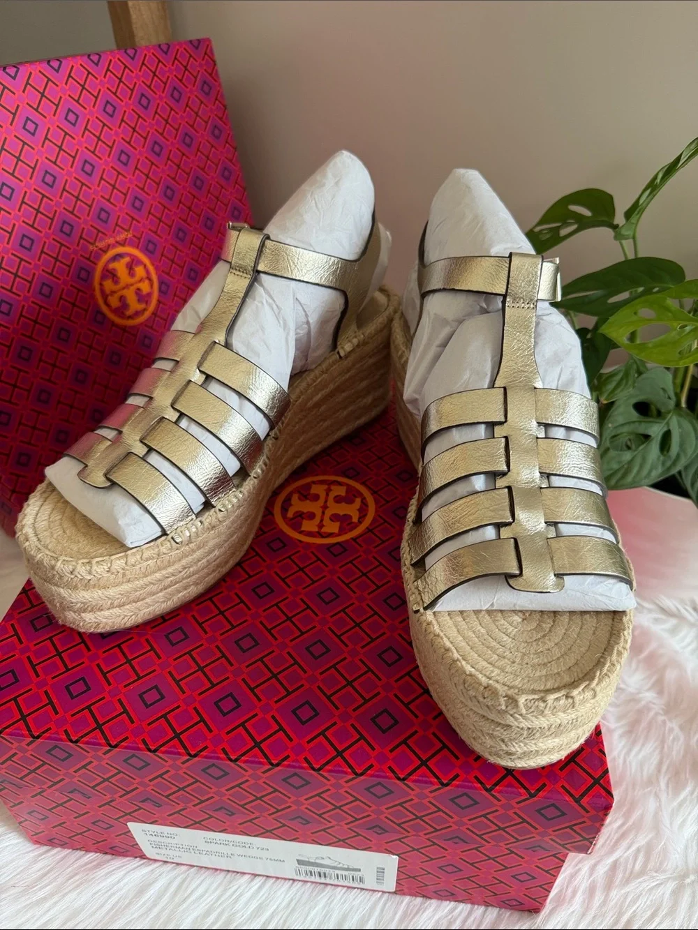 Tory Burch Metallic Gold Leather Espadrille Wedge Sandals